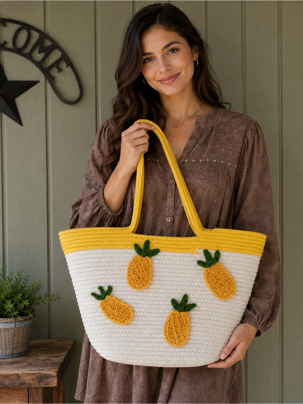 Crochet Pineapple Tote Bag - Yellow & White